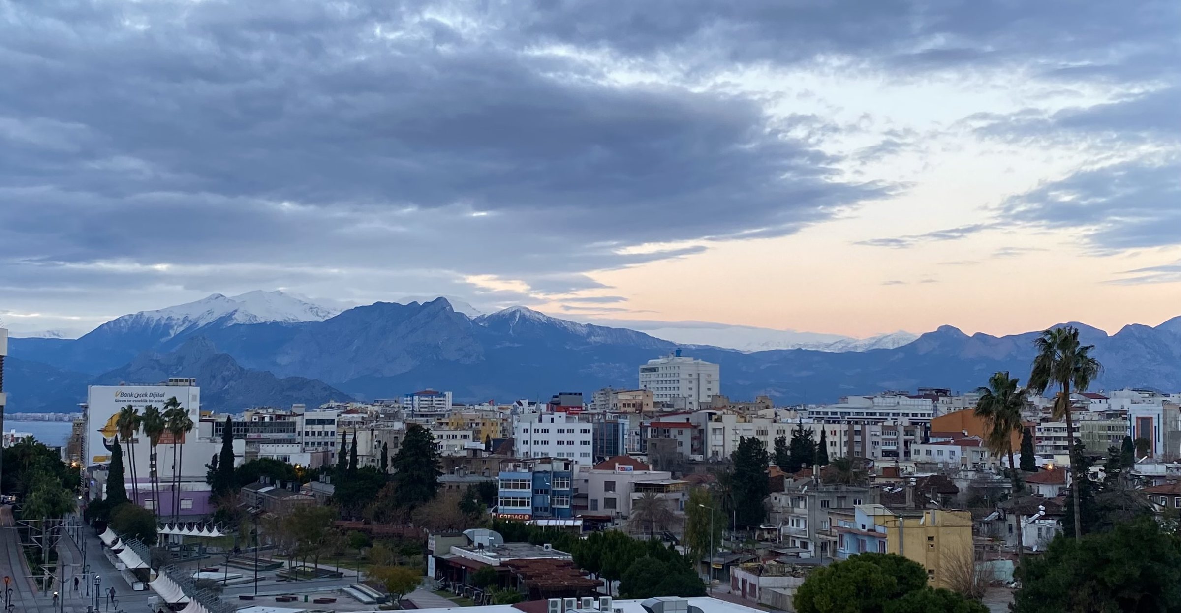 Antalya at dusk in February: low white buildings under lavender cloud, tall palms, snow on the Taurus peaks behind, a last band of peach light at the horizon.